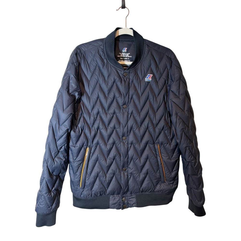 K-Way Womens Navy Blue Chevron Quilted Down Puffer Bomber Jacket Size‎ Large